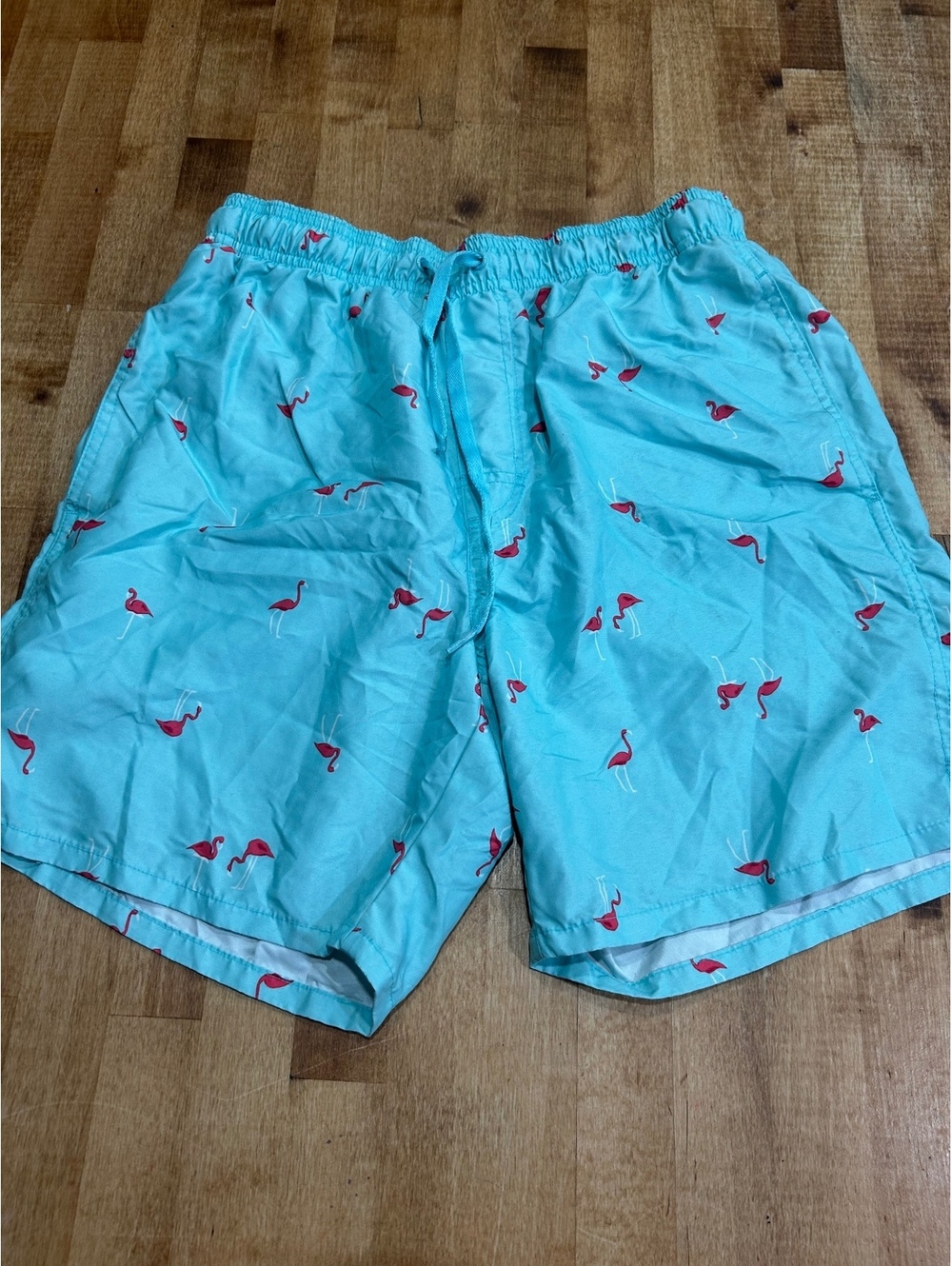 Old Navy Men's Medium Flamingo Print Swim Trunks Aqua Blue